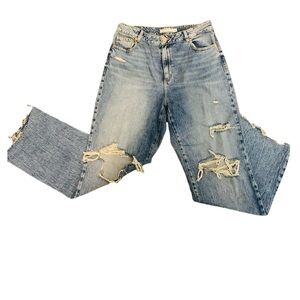 Garage Light Blue Distressed High Waisted- 90s Straight Leg Jeans